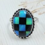 Aurora Opal Checkerboard Size US 9 925 Sterling Silver Ring (REXT112-79)