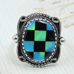 Aurora Opal Checkerboard Size US 9 925 Sterling Silver Ring (REXT112-85)