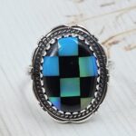 Aurora Opal Checkerboard Size US 10 925 Sterling Silver Ring (REXT112-95)