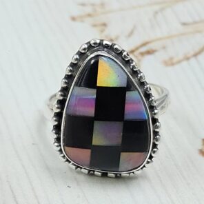 Aurora Opal Checkerboard Size US 7 925 Sterling Silver Ring (REXT112-73)