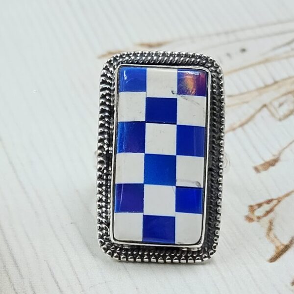 Aurora Opal Checkerboard Size US 8 925 Sterling Silver Ring (REXT112-120)