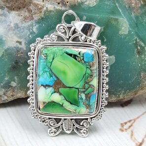 Peacock Dahlia Turquoise 1.5" 925 Sterling Silver Pendant (RS6-59)