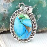 Peacock Dahlia Turquoise 1.25" 925 Sterling Silver Pendant (RS6-83)