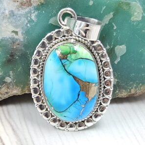 Peacock Dahlia Turquoise 1.25" 925 Sterling Silver Pendant (RS6-83)