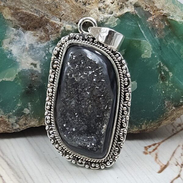 Black Window Druzy 1.5" 925 Sterling Silver Pendant (REXT119-36)