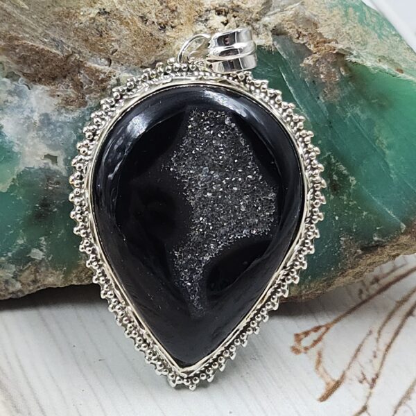 Black Window Druzy 1.5" 925 Sterling Silver Pendant (REXT119-35)