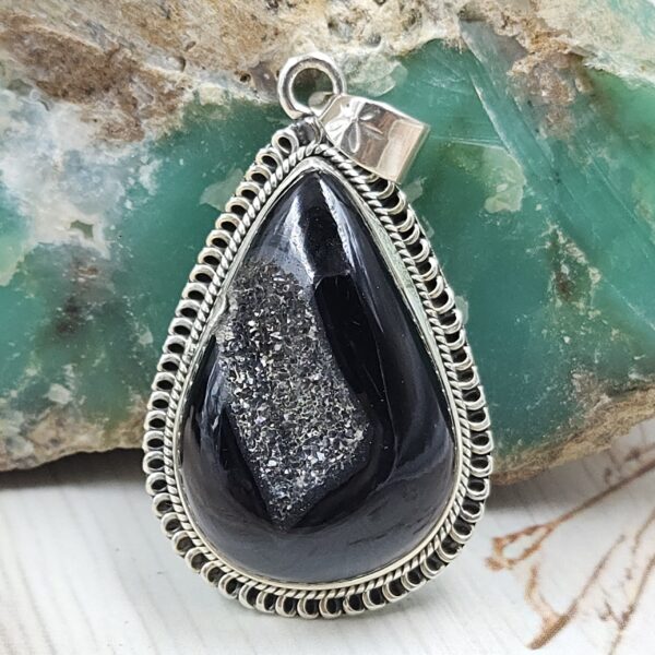 Black Window Druzy 1.5" 925 Sterling Silver Pendant (REXT119-31)