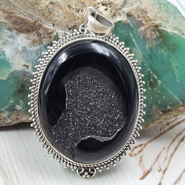 Black Window Druzy 1.5" 925 Sterling Silver Pendant (REXT119-23)