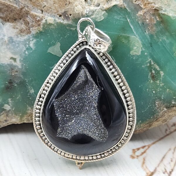 Black Window Druzy 1.5" 925 Sterling Silver Pendant (REXT119-21)
