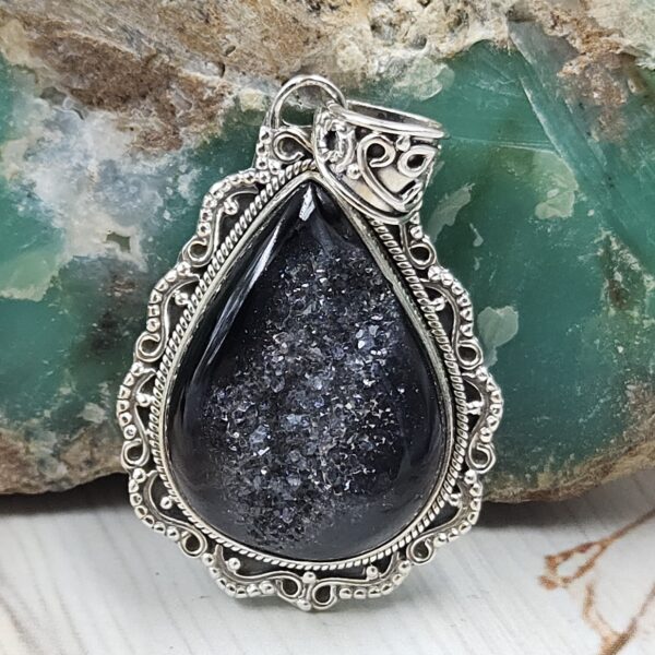 Black Window Druzy 1.5" 925 Sterling Silver Pendant (REXT119-20)