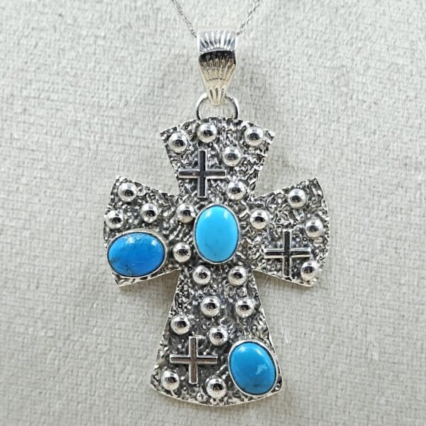 Kingman Turquoise Cross 2.25" Southwest 925 Silver Pendant (REXT132-1) - Image 2