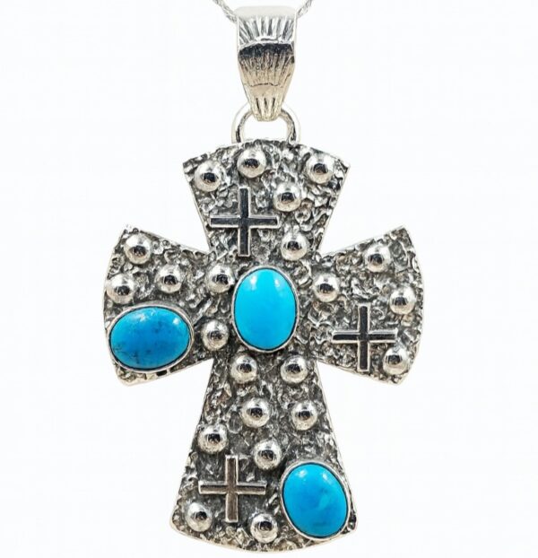 Kingman Turquoise Cross 2.25" Southwest 925 Silver Pendant (REXT132-1)