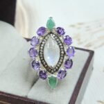 Amethyst & Emerald & Rainbow Moonstone & Diamond Ring US 7 Size 925 Silver Ring (RS38-60)