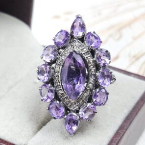 Amethyst & Diamond Ring US 7 Size 925 Silver Ring (RS38-58)