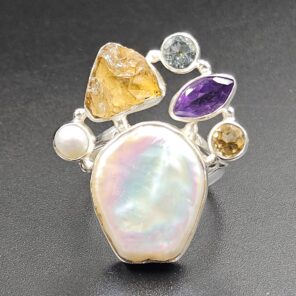 Baroque Pearl And Multi Gemstone Size US 9 925 Silver Ring (RS55-245)