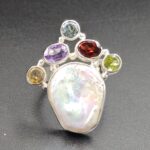 Baroque Pearl And Multi Gemstone Size US 8 925 Silver Ring (RS55-242)