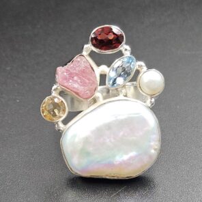 Baroque Pearl And Multi Gemstone Size US 9 925 Silver Ring (RS55-249)
