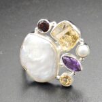Baroque Pearl And Multi Gemstone Size US 10 925 Silver Ring (RS55-233)