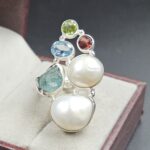 Baroque Pearl And Multi Gemstone Size US 7 925 Silver Ring (RS55-234)