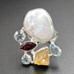 Baroque Pearl And Multi Gemstone Size US 6 925 Silver Ring (RS55-238)
