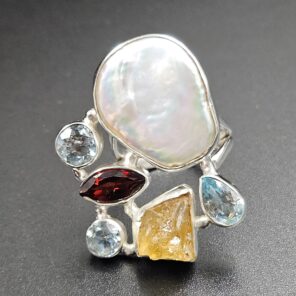 Baroque Pearl And Multi Gemstone Size US 6 925 Silver Ring (RS55-238)