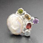 Baroque Pearl And Multi Gemstone Size US 8 925 Silver Ring (RS55-239)