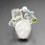 Baroque Pearl And Multi Gemstone Size US 7 925 Silver Ring (RS55-240)