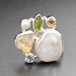 Baroque Pearl And Multi Gemstone Size US 8 925 Silver Ring (RS55-231)