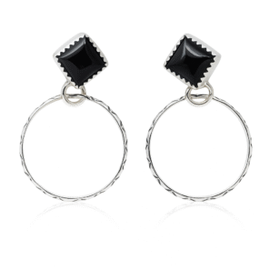 Black Onyx 925 Sterling Silver Hoop Earrings (REXT137-2)
