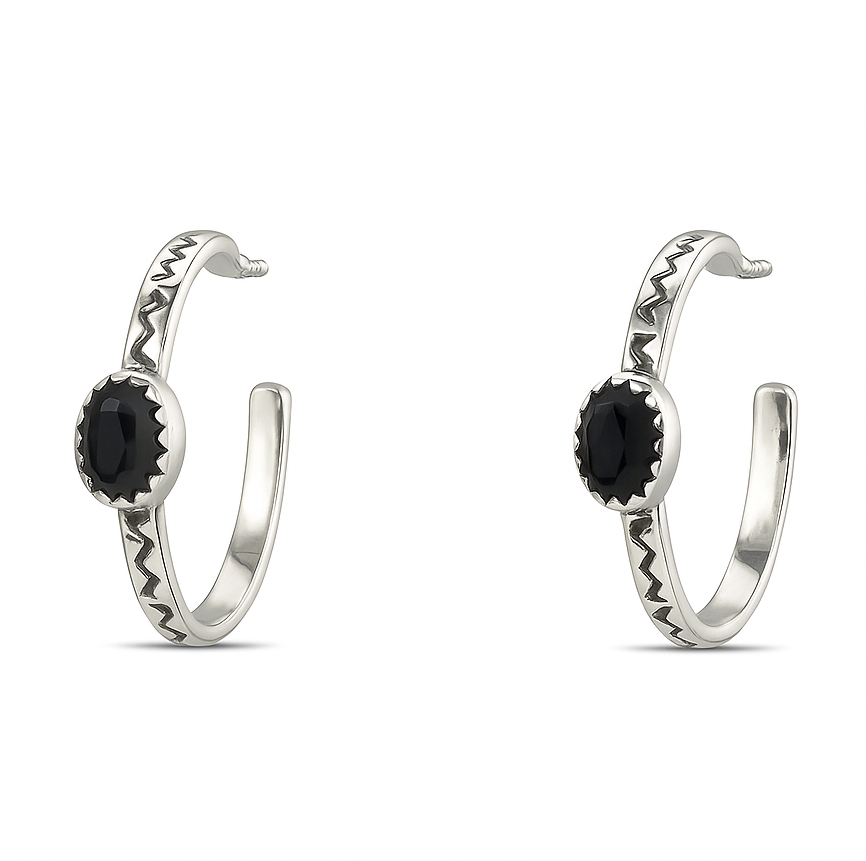 Onyx Hoops Silver