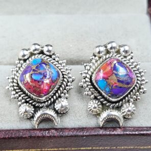 Pink Dahlia Turquoise 925 Sterling Silver Stud Earing (REXT141-14)