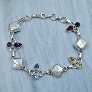 Baroque Pearl and Multi Gemstone 925 Sterling Silver Bracelet (RS58-19)