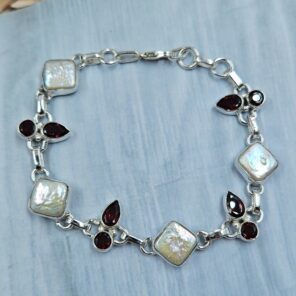 Baroque Pearl and Multi Gemstone 925 Sterling Silver Bracelet (RS58-18)