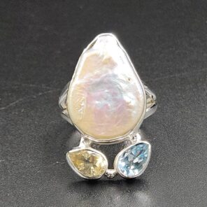 Baroque Pearl And Multi Gemstone Size US 8 925 Silver Ring (RS55-317)