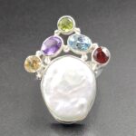 Baroque Pearl And Multi Gemstone Size US 8 925 Silver Ring (RS55-275)