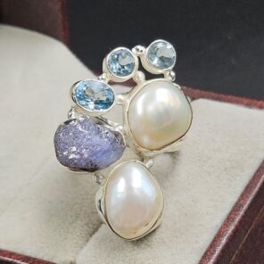 Baroque Pearl And Multi Gemstone Size US 6 925 Silver Ring (RS55-273)
