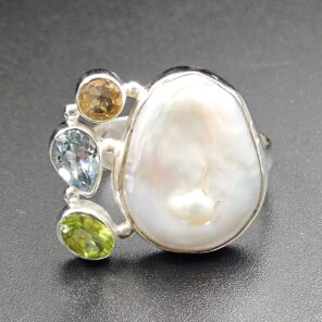 Baroque Pearl And Multi Gemstone Size US 10 925 Silver Ring (RS55-291)