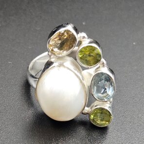 Baroque Pearl And Multi Gemstone Size US 6 925 Silver Ring (RS55-291)