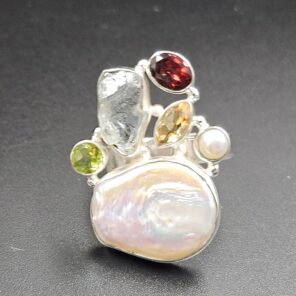 Baroque Pearl And Multi Gemstone Size US 9 925 Silver Ring (RS55-305)