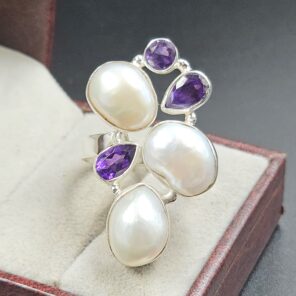 Baroque Pearl And Multi Gemstone Size US 10 925 Silver Ring (RS55-263)