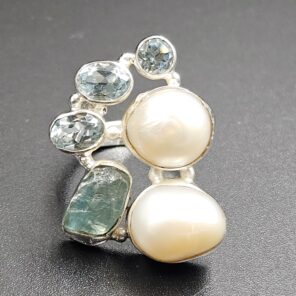 Baroque Pearl And Multi Gemstone Size US 7 925 Silver Ring (RS55-262)