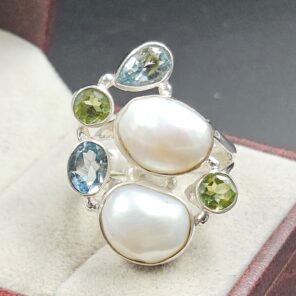 Baroque Pearl And Multi Gemstone Size US 9 925 Silver Ring (RS55-310)