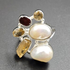 Baroque Pearl And Multi Gemstone Size US 8 925 Silver Ring (RS55-276)