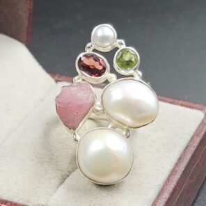 Baroque Pearl And Multi Gemstone Size US 7 925 Silver Ring (RS55-270)