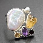 Baroque Pearl And Multi Gemstone Size US 6 925 Silver Ring (RS55-258)