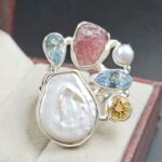 Baroque Pearl And Multi Gemstone Size US 8 925 Silver Ring (RS55-261)