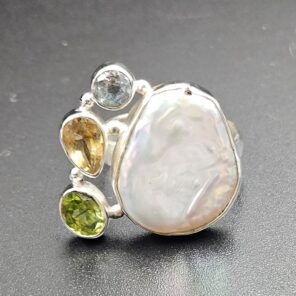 Baroque Pearl And Multi Gemstone Size US 8 925 Silver Ring (RS55-268)