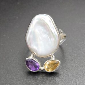 Baroque Pearl And Multi Gemstone Size US 9 925 Silver Ring (RS55-272)