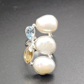 Baroque Pearl And Multi Gemstone Size US 7 925 Silver Ring (RS55-316)