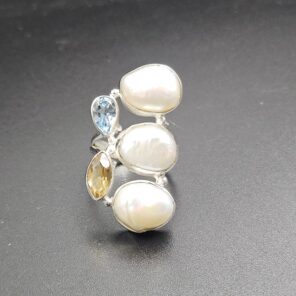 Baroque Pearl And Multi Gemstone Size US 8 925 Silver Ring (RS55-314)